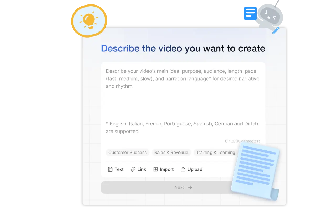 Kick off your Visla Idea to Video project by entering your idea or using prompt suggestions for teams like marketing or sales.